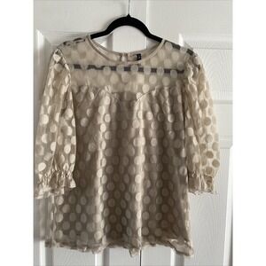 UNI‎ Polka Dot Mesh Ruffle Blouse Womens Size M Beige Sheer Romantic Top Nylon